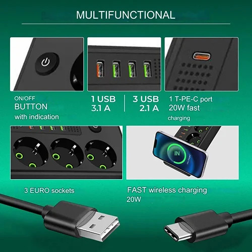 چند راهی برق هوشمند و شارژر وایرلس POWER SOCKET مدل QL-1080 حرفه ای