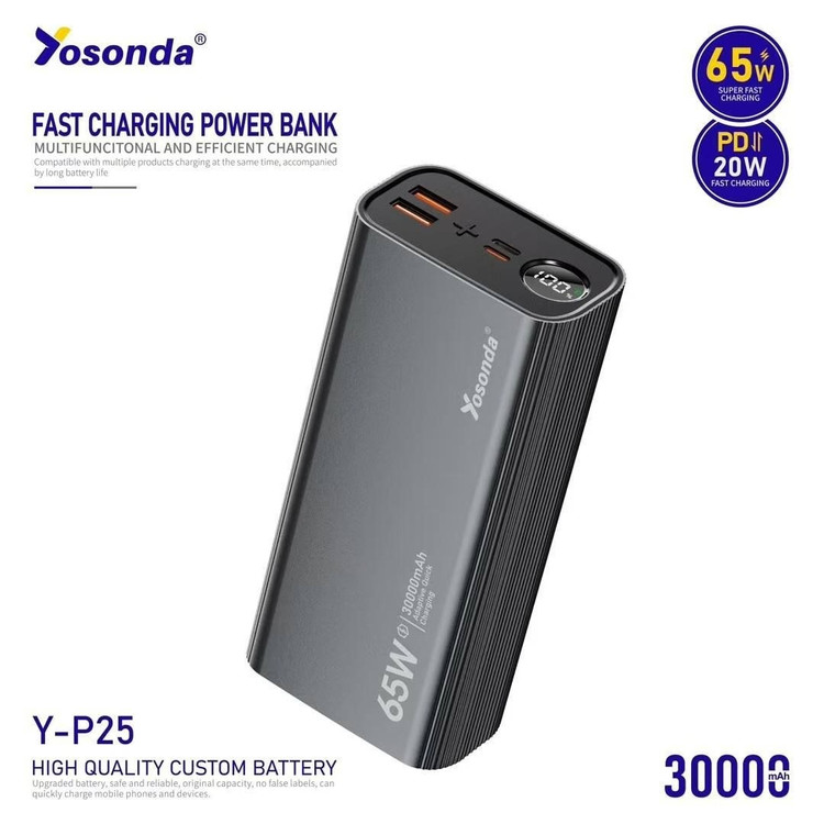 پاوربانک یوسوندا Y-P25 ظرفیت ۳۰۰۰۰ میلیآمپر ساعت با شارژ سریع PD و QC